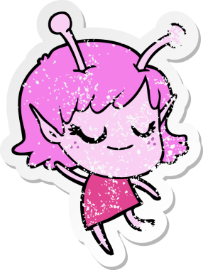 Bir insan tarafından çizilmiş gülümseyen uzaylı kız çizgi filminin sıkıntılı çıkartması.