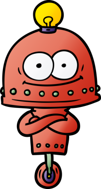 Bir insan tarafından çizilmiş ampullü mutlu karton robot.