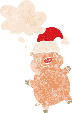 çizgi film mutlu noel domuzu grunge içinde düşünce balonu sıkıntılı retro dokuma tarzı bir insan tarafından çizilmiş