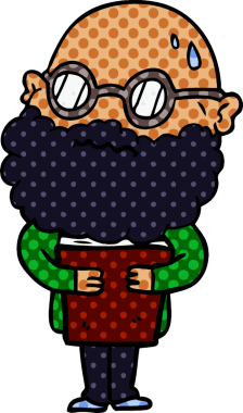 Bir insan tarafından çizilmiş sakallı ve gözlüklü endişeli bir adam.