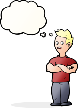 Bir insan tarafından çizilmiş düşünce balonlu çapraz kollu çizgi film adamı.