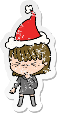 Bir insan tarafından çizilmiş Noel Baba şapkası giydiği için pişman olan bir kızın el çizimi karikatürü.