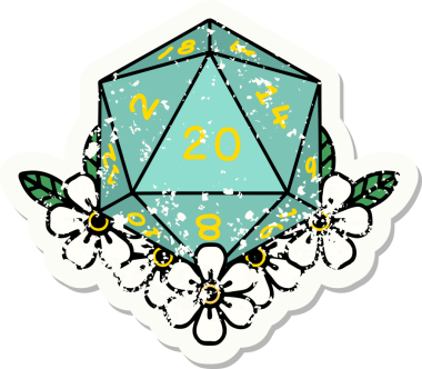 Bir insan tarafından çizilmiş çiçek elementleriyle 20 D20 zarının grunge sticker 'ı.