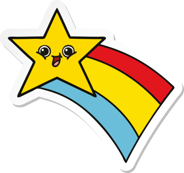 Bir insan tarafından çizilmiş gökkuşağı yıldızı resimli şirin bir çizgi film çıkartması.