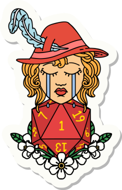 Ağlayan bir insan şairin çıkartması ve bir insan tarafından çizilmiş doğal bir D20 zar.