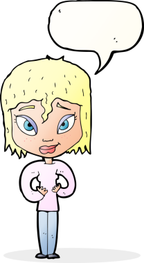 Bir insan tarafından çizilen konuşma baloncuğuyla tatmin olmuş bir kadın.