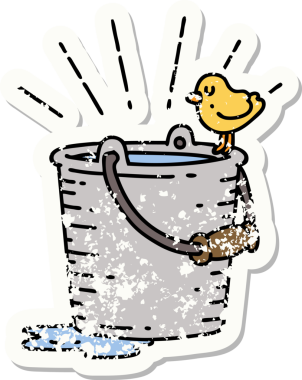 Bir insan tarafından çizilmiş su kovasına tünemiş dövme stili bir kuşun eski bir çıkartması.