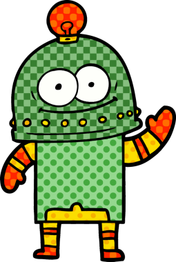 Bir insan tarafından çizilmiş ampullü mutlu karton robot.