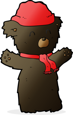 Bir insan tarafından çizilmiş şapkalı ve atkılı şirin siyah ayı.