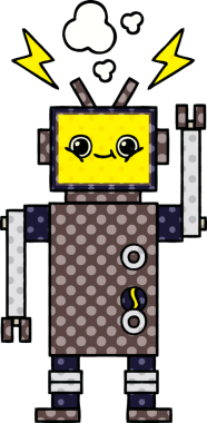 Bir insan tarafından çizilmiş mutlu bir robotun çizgi romanı.