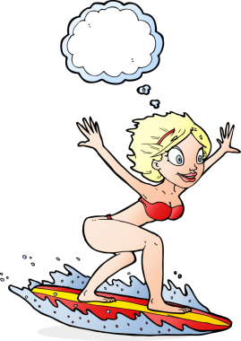 Bir insan tarafından çizilmiş düşünce balonlu sörfçü kız.