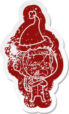 Astronot bir kadının insan tarafından çizilmiş Noel Baba şapkası giydiğini anlatan garip bir karikatür.