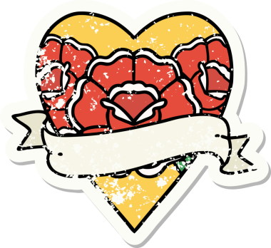 Geleneksel bir kalp stili ve insan tarafından çizilmiş çiçekli pankart dövmesi.