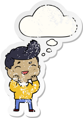 Düşünce baloncuğuyla gülen çizgi filmci, bir insan tarafından çizilmiş yıpranmış bir çıkartma gibi.