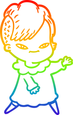 Gökkuşağı gradyan çizimi. Hipster saç kesimi bir insan tarafından çizilmiş şirin bir çizgi film kızı.