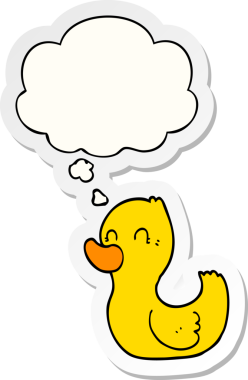 Düşünce baloncuklu çizgi film ördeği insan tarafından çizilmiş bir çıkartma.