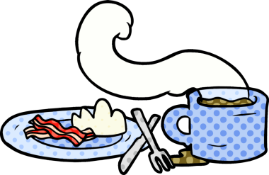 Bir insan tarafından çizilmiş kahve ve pastırmalı çizgi film kahvaltısı.