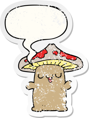 Konuşma baloncuğu olan çizgi film mantarı bir insan tarafından çizilmiş sıkıntılı eski bir çıkartma.