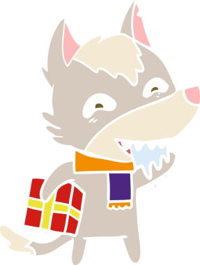 Düz renkli çizgi film aç kurt bir insan tarafından çizilmiş Noel hediyesini taşıyor.