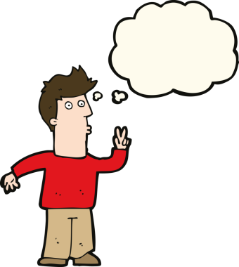 Bir insan tarafından çizilmiş düşünce baloncuğuyla barış işareti yapan çizgi film adamı.