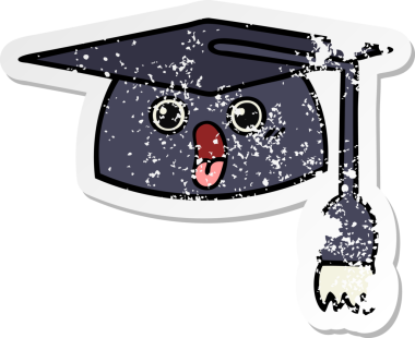 Bir insan tarafından çizilmiş şirin bir çizgi film mezuniyet şapkasının sıkıntılı çıkartması.