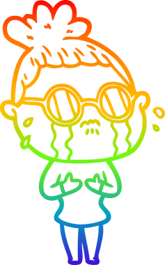 Bir insan tarafından çizilmiş siyah gözlüklü, ağlayan bir karikatür çizimi.