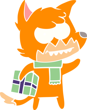 Düz renkli çizgi film tilki sırıtıyor Noel hediyesi bir insan tarafından çizilmiş.