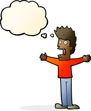 Bir insan tarafından çizilmiş düşünce baloncuğuyla dehşete düşmüş bir adam.