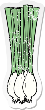 Bir insan tarafından çizilmiş taze soğan karikatürünün sıkıntılı çıkartması.