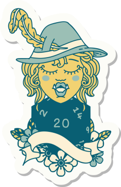 Bir insan tarafından çizilmiş 20 zarlı şarkı söyleyen yarı ork bir karakterin çıkartması.