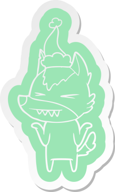 Kızgın kurt çizgi film çıkartması. Bir insan tarafından çizilmiş Noel Baba şapkası.