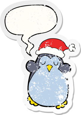 Konuşma baloncuğu olan sevimli noel pengueni bir insan tarafından çizilmiş kederli eski bir çıkartma.