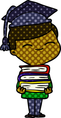 Bir insan tarafından çizilmiş kitap yığınıyla gülümseyen çocuk.