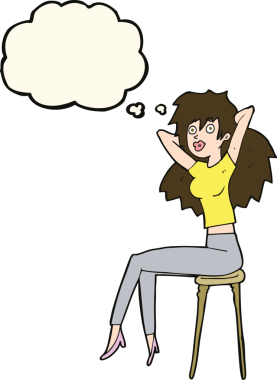 Bir insan tarafından çizilmiş düşünce baloncuğuyla tabureye poz veren çizgi film kadını.