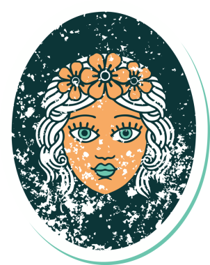 Bir insan tarafından çizilmiş çiçek taçlı bir bakirenin sembolik dövmesi.