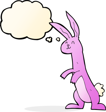Bir insan tarafından çizilmiş düşünce kabarcığı olan çizgi film tavşanı.