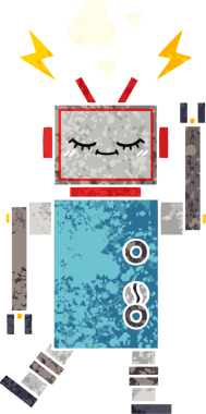 Bir insan tarafından çizilmiş dans eden robotun retro çizim tarzı karikatürü