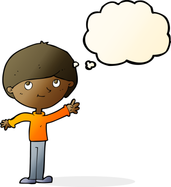 Bir insan tarafından çizilmiş düşünce balonu olan mutlu çocuk çizgi filmi.