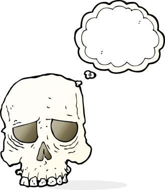 Bir insan tarafından çizilmiş düşünce baloncuklu garip kafatası.