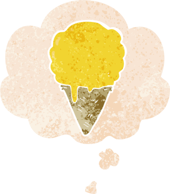 Düşünce baloncuklu çizgi film dondurması grunge sıkıntılı retro desenli bir insan tarafından çizilmiş