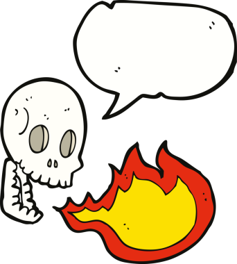 Bir insan tarafından çizilmiş konuşma balonlu ateş soluyan kafatası.
