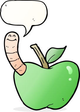 bir insan tarafından çizilmiş konuşma baloncuklu kurtlu çizgi film elması