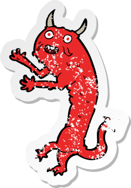 Bir insan tarafından çizilmiş karikatür şeytanının gerilmiş çıkartması.