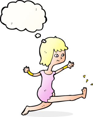 Bir insan tarafından çizilmiş düşünce baloncuğuyla tekme atan mutlu bir kadın.