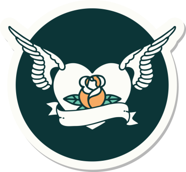 Geleneksel bir dövme stili. Uçan kalp. Çiçekler ve bir insan tarafından çizilmiş bayrak.