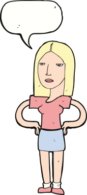 Bir insan tarafından çizilmiş konuşma balonlu elleri olan çizgi film kadını.