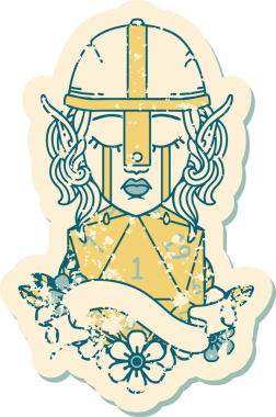 Retro Dövme Tarzı Ağlayan Elf Savaşçısı karakteri yüzü ve bir insan tarafından çizilmiş D20 rulosu.