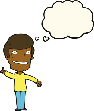 Bir insan tarafından çizilmiş düşünce baloncuğuyla sırıtan çizgi film adamı.