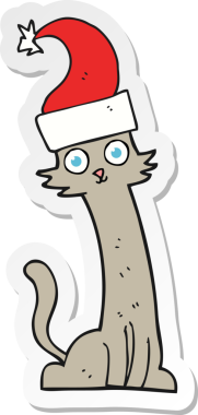 Bir insan tarafından çizilmiş Noel şapkalı çizgi film kedisinin çıkartması.