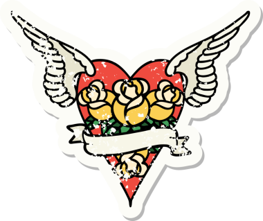 Geleneksel bir stil olan, çiçek ve pankart çizilmiş uçan kalp dövmesi.